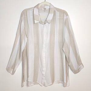 Umgee Tan White Stripe Drapey Blouse Semi Sheer Soft Coastal Old Money L